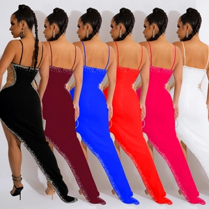 Multi-color backless maxi dresses with rhinestone trim and cutout waist details