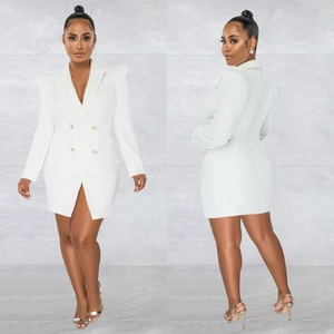 Women's white double-breasted blazer dress with gold buttons and padded shoulders