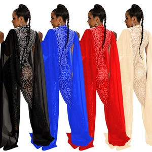 Elegant mesh jumpsuit with rhinestones and long cape sleeves in multiple colors