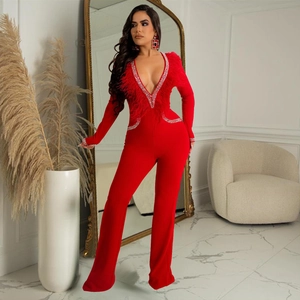 Close-up of red v-neck jumpsuit featuring elegant feather trim and sparkling rhinestone details