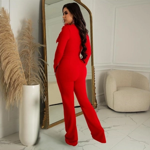 Detail of red slim fit jumpsuit showing decorative feather shoulders and V-neckline style