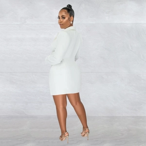 Rear view of white slim blazer dress showing the tailored waist cut and lapel design