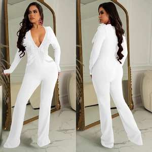 Close-up of white deep V-neck jumpsuit featuring elegant feather trim and sparkling rhinestones