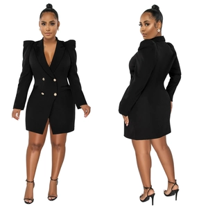 Detail view of black V-neck blazer dress featuring double-breasted gold buttons and padded shoulders