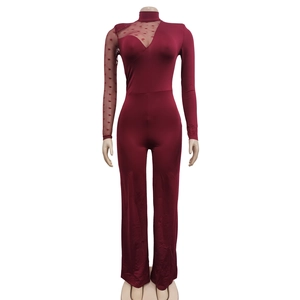Close-up of burgundy jumpsuit featuring sheer mesh polka dot sleeve and high neckline
