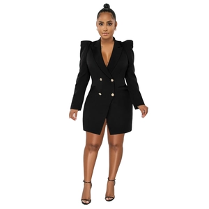 Detail of black double-breasted blazer dress with gold buttons and padded shoulders