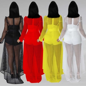 Detail view of full length mesh sheer cover up dress in black red yellow and white options