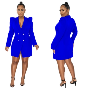 Detail view of royal blue double-breasted blazer dress with gold buttons and padded shoulders