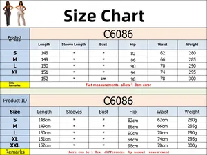 Tableau des tailles pour combinaison à paillettes C6086 avec mesures détaillées S-XXL