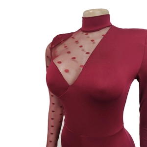 Detail view of burgundy bodysuit featuring sheer polka dot mesh sleeves and high neckline