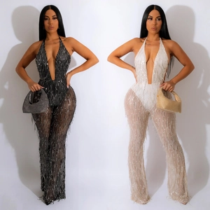 Combinaison Femme Sexy à Paillettes et Franges Col en V Profond Halter Sans Manches Mesh Pantalon Évasé Soirée