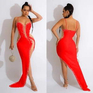 Elegant red V-neck sleeveless rhinestone evening gown with high slit and mesh panels