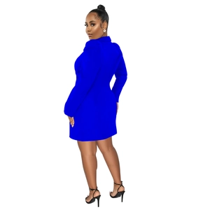 Royal blue mini blazer dress with long sleeves and notched lapel shown from a back side view