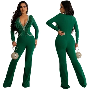Detail of dark green jumpsuit showing deep V-neck with feathers and rhinestone embellishments