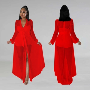 Elegant red mesh long sleeve jumpsuit with deep V-neck and waist belt design