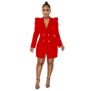 Red slim fit blazer dress featuring puff sleeves and elegant double-breasted gold buttons