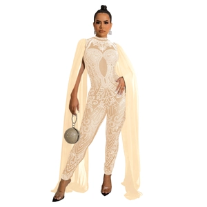 Sparkling rhinestones bodysuit with sheer chiffon cape sleeves and teardrop neckline