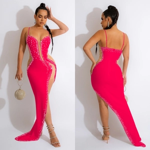 Hot pink rhinestone evening dress with V-neck sleeveless straps and mesh cutouts