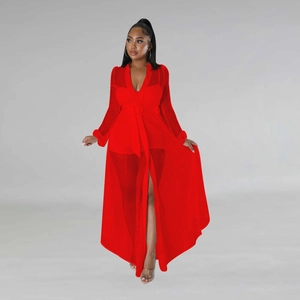Detail of red mesh long sleeve jumpsuit with V-neckline and waist belt accent