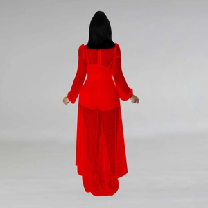 Back view of elegant red long sleeve mesh maxi dress with sheer hollow-out fabric