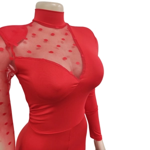 Detail of red mesh jumpsuit showing high collar and polka dot sheer fabric texture