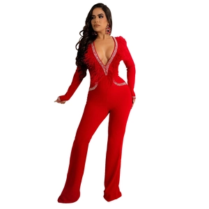 Detail of red deep V-neck jumpsuit with red feather fringe and silver rhinestones