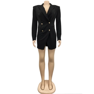 Detailed front view of black double-breasted blazer dress with gold buttons and shoulder pads