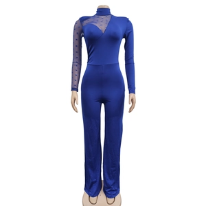Detail of navy jumpsuit featuring sheer polka dot mesh patchwork and high collar design