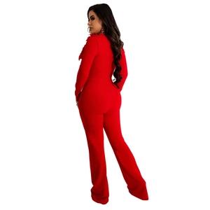 Detailed close-up of vibrant red jumpsuit featuring elegant feather trim and wide-leg design