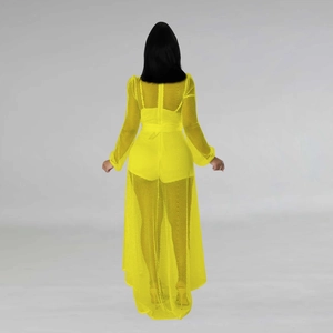 Rear view of yellow mesh maxi dress set with long sleeves and inner bodysuit