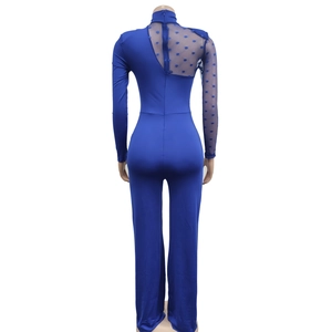 Detail view showing blue jumpsuit back with dot mesh sleeve and invisible zipper closure