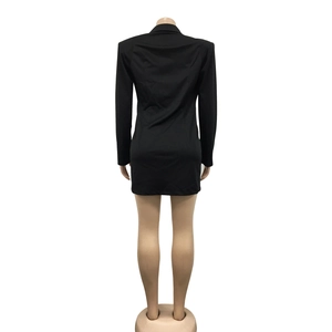 Rear view of a black long-sleeved mini blazer dress with a structured silhouette