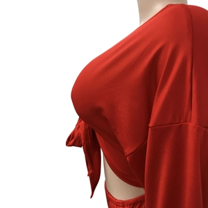 Detail view of red deep V-neck crop top with cross-lace design and loose sleeves