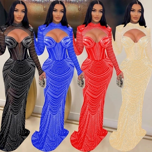 Élégante Robe Maxi à Manches Longues en Maille avec Strass Sexy Ajouré Col en V Sirène Robe de Soirée pour Femme