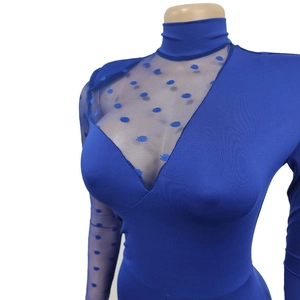 Detail of royal blue mesh sheer neckline with velvet polka dots on fitted bodysuit
