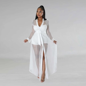 Detail view of white sheer mesh long sleeve dress with waist buckle and inner bodysuit