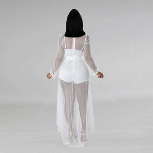 Rear view of white mesh long-sleeved cover-up dress with elastic waist and sheer texture