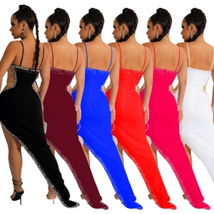 Elegant sleeveless rhinestone evening gown with high slit and asymmetrical hem for women