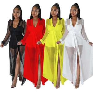 Women's long sleeve mesh bodysuit and cardigan set with waist belt in four colors
