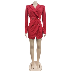 Detail view of red long sleeve V-neck blazer dress with elegant double-breasted gold buttons