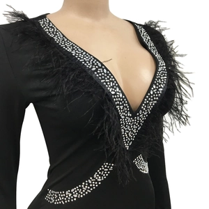 Close-up of deep V-neckline with black feather trim and sparkling rhinestone details