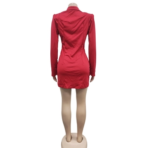 Detailed back view of the slim fit red mini blazer dress showing seam stitching