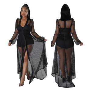 Front and back view of long sleeve fishnet mesh bodysuit with belted waist and solid lining