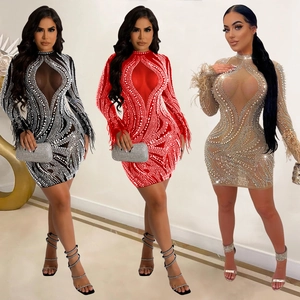 Robe Mini Moulante en Maille Sexy pour Femme Perspective Strass Manches Longues Poignets en Plumes Soirée Élégante Clubwear