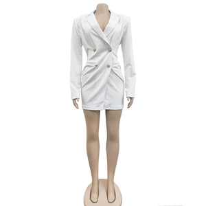 Detail view of white double-breasted blazer dress with gold embossed buttons