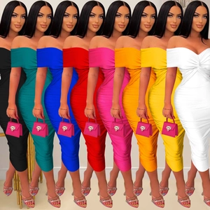 Women's Elegant Off-Shoulder Bodycon Midi Dress Ruched Twist Front Sexy Slim Fit Evening Party Clubwear Dress