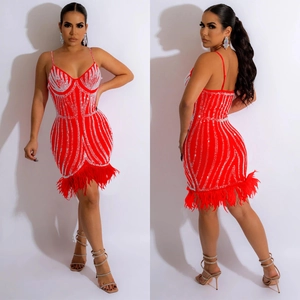 Détail d'une robe rouge moulante avec strass verticaux et bordure en plumes chic