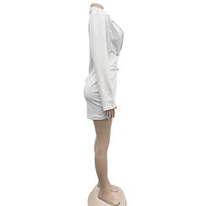 Detail view of white long sleeve blazer dress with gold buttons and tailored waist