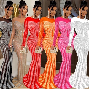 Women Sexy Mesh Sheer Rhinestone Long Sleeve Maxi Dress Elegant Bodycon Evening Party Wedding Banquet Floor Length Fishtail Gown