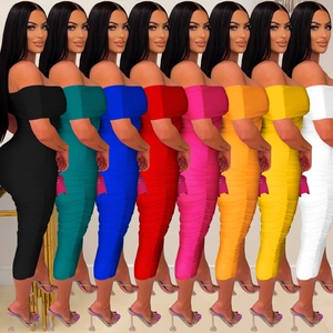 Multi-color selection of ruched off-shoulder midi dresses in tight-fitting stretch fabric